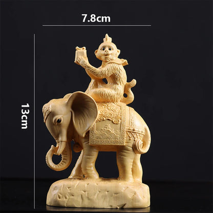 Boxwood 13cm Monkey and Elephant Sculpture Lucky Wood Wealth Statue Rich Feng Shui Home Decor