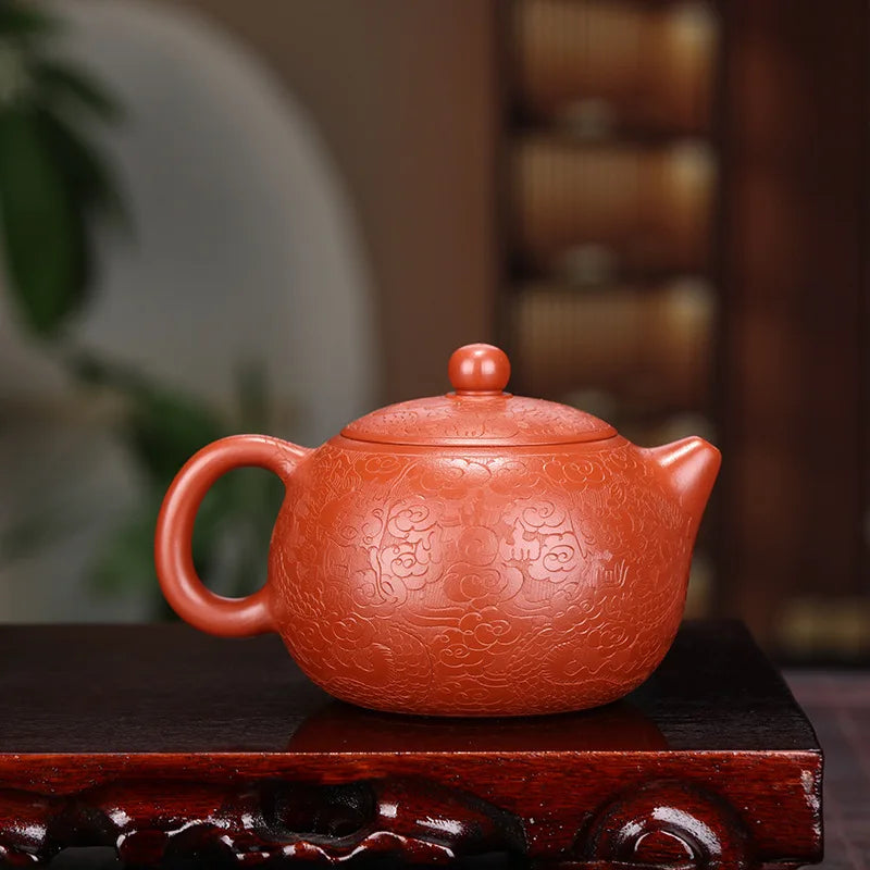 Dahongpao Carved and Painted Dragon Xishi Teapot, Zisha Teapot, Yixing Handmade Pot, Kung-Fu Teaware, Purple Clay Drinkware