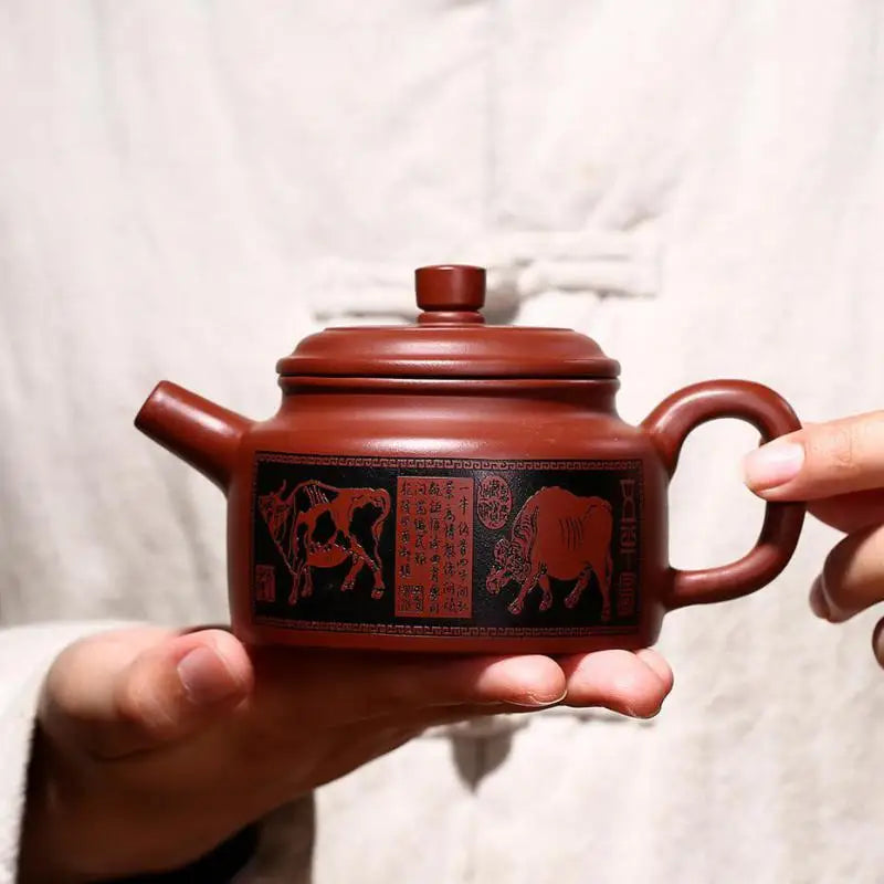 Dahongpao Carved And Painted Five Niu De Bell Pot Zisha Teapot Yixing Handmade Pot Kung-fu Teaware  Purple Clay Drinkware
