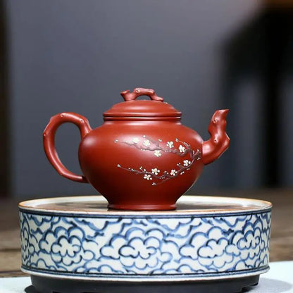 Dahongpao-Hand-carved Mud-painted Plum Blossom Primula Pot Zisha Teapot, Handmade Kung-Fu Teapot, Purple Clay Drinkware
