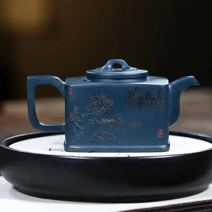 Tianqing Mud Landscape Square Purple Sand Tea Set, Yixing Handmade Pot, Kung-Fu Teaware, Purple Clay Drinkware for Puer