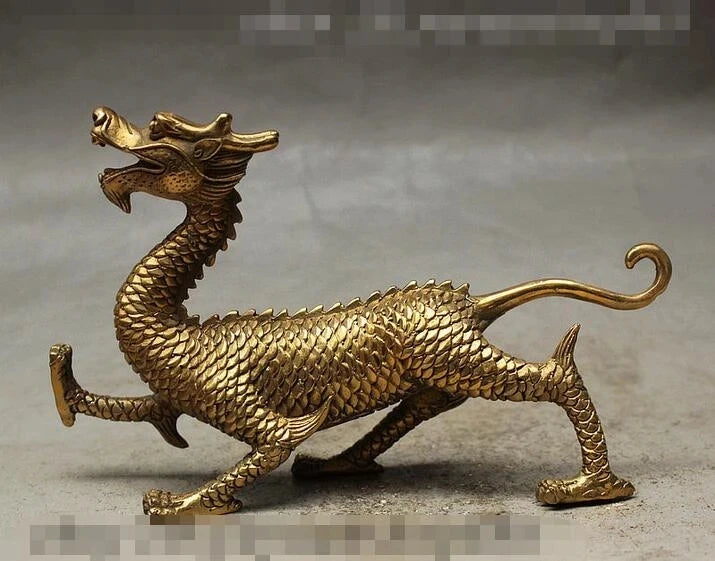 Chinese FengShui Brass Carved Palace Guard God Beast Dragon Statue Statuette