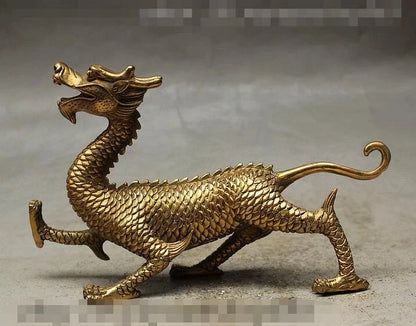 Chinese FengShui Brass Carved Palace Guard God Beast Dragon Statue Statuette