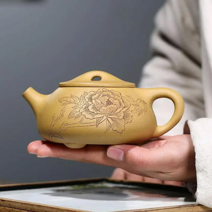 Handmade Zisha Teapot with Carved and Painted Jingzhou Stone Scoop Pot, Kung-Fu Teaware, Purple Clay Drinkware for Puer