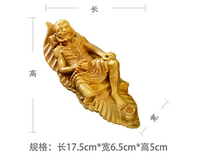 TL089 -- 17.5 x 6.5 x 5 CM Hand Carved Boxwood Figurine Carving : Damo Luo Han Monk on Leaf