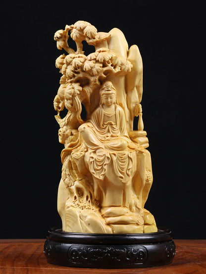 Boxwood 16cm Guanyin Sculpture Wood Carving Buddha Statue Guan Yin Home Decor