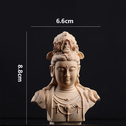 Boxwood 8.5cm Guanyin Head Sculpture Buddha Wood Statue Guan Yin Worship Lucky Home Decor