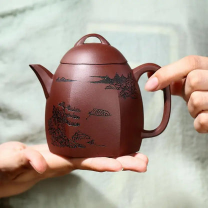 Engraved Six-Party Teapot Zisha Teapot, Yixing Handmade Pot, Kung-Fu Teaware, Purple Clay Drinkware for Puer Green and