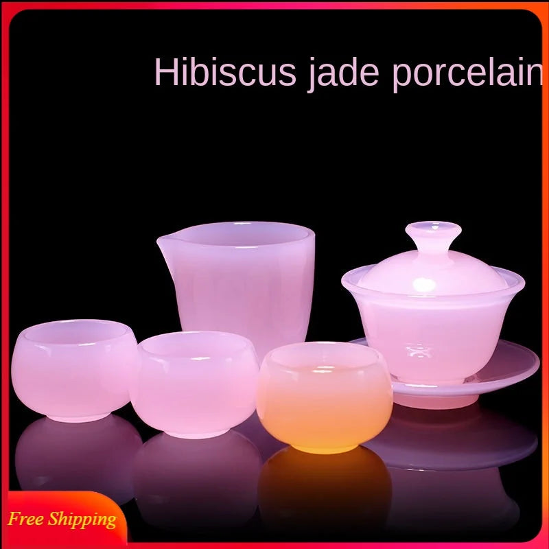 Hibiscus Jade Porcelain Lime Bowl Tea Bowl Lady Pink White Porcelain Glazed Glass Jade Kung Fu Tea Set Fair Cup Tureen Bowls Set