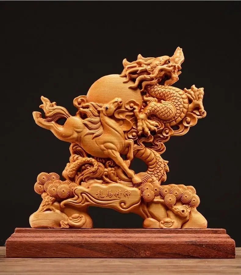 High 20cm Wooden Animal Dragon Horse Spirit  Decoration Ornaments Crafts Home Living Carving Arts Gifts