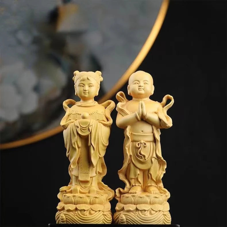 High 9cm Boxwood Carving Golden Girls Home Home Living Room Desktop Fortune Child Wood Carving Office Ornaments