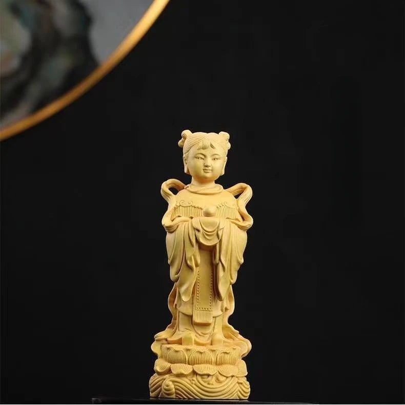High 9cm Boxwood Carving Golden Girls Home Home Living Room Desktop Fortune Child Wood Carving Office Ornaments