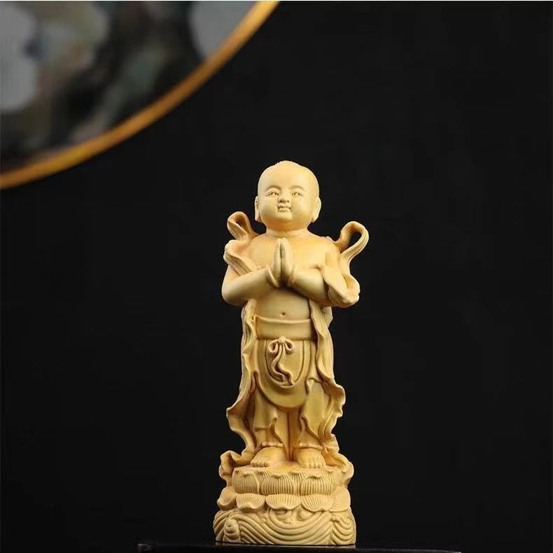 High 9cm Boxwood Carving Golden Girls Home Home Living Room Desktop Fortune Child Wood Carving Office Ornaments