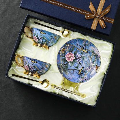High Beauty Bone Porcelain European Style Coffee Cup Plate Set Blue Floral Afternoon Tea Cup Wedding Gift