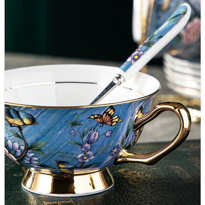 High Beauty Bone Porcelain European Style Coffee Cup Plate Set Blue Floral Afternoon Tea Cup Wedding Gift