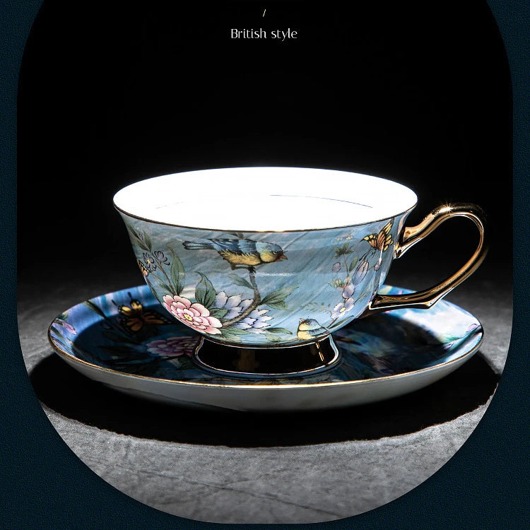 High Beauty Bone Porcelain European Style Coffee Cup Plate Set Blue Floral Afternoon Tea Cup Wedding Gift