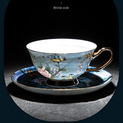 High Beauty Bone Porcelain European Style Coffee Cup Plate Set Blue Floral Afternoon Tea Cup Wedding Gift