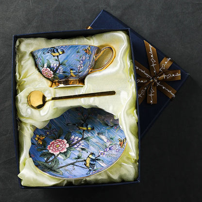 High Beauty Bone Porcelain European Style Coffee Cup Plate Set Blue Floral Afternoon Tea Cup Wedding Gift