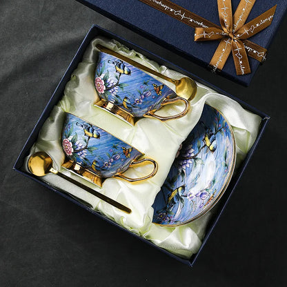 High Beauty Bone Porcelain European Style Coffee Cup Plate Set Blue Floral Afternoon Tea Cup Wedding Gift