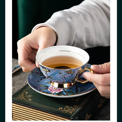 High Beauty Bone Porcelain European Style Coffee Cup Plate Set Blue Floral Afternoon Tea Cup Wedding Gift