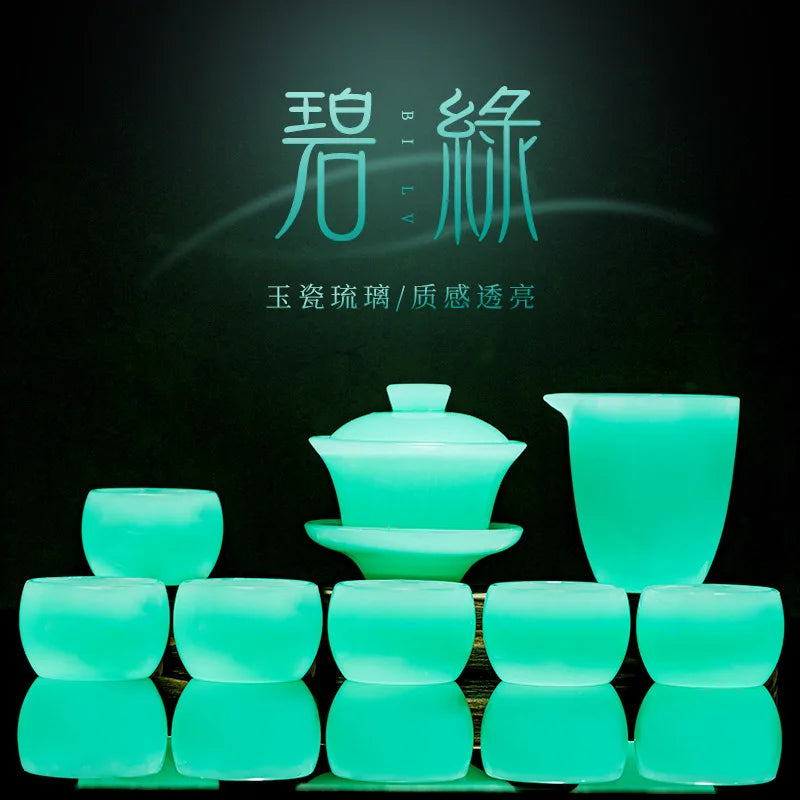 High-End Green Jade Porcelain Teapot Glass Lid Bowl Home Office Chinese Glaze Tea Set Tea Cup Mini Set