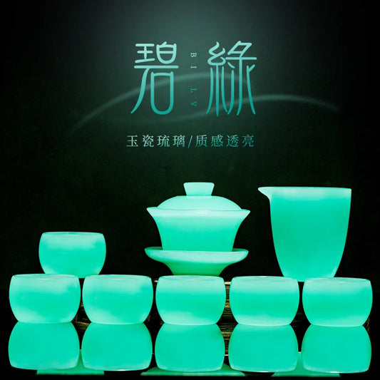 High-End Green Jade Porcelain Teapot Glass Lid Bowl Home Office Chinese Glaze Tea Set Tea Cup Mini Set