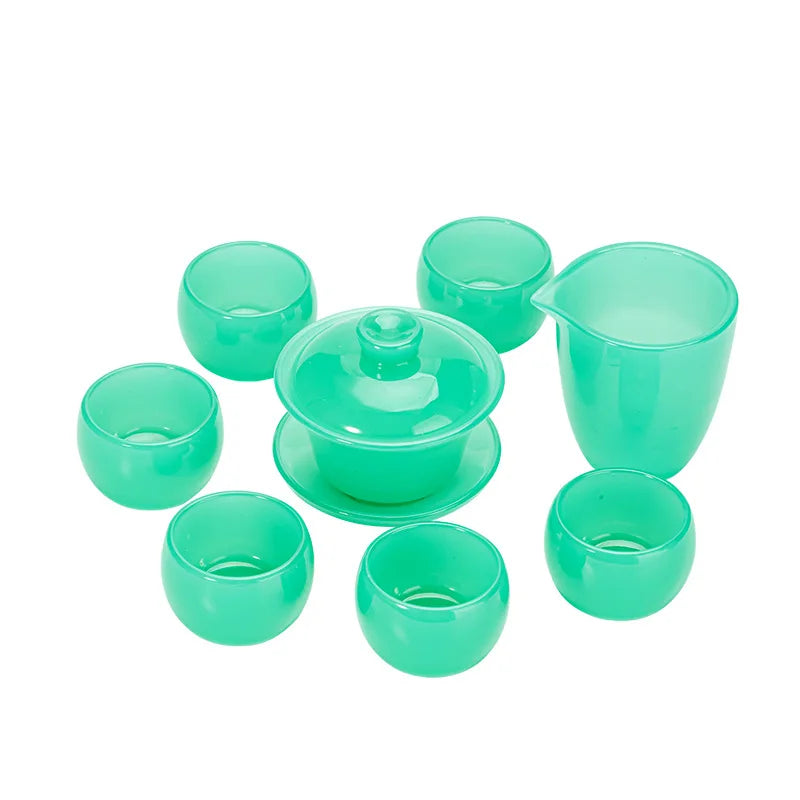 High-End Green Jade Porcelain Teapot Glass Lid Bowl Home Office Chinese Glaze Tea Set Tea Cup Mini Set