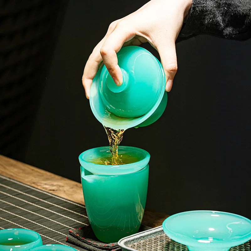 High-End Green Jade Porcelain Teapot Glass Lid Bowl Home Office Chinese Glaze Tea Set Tea Cup Mini Set