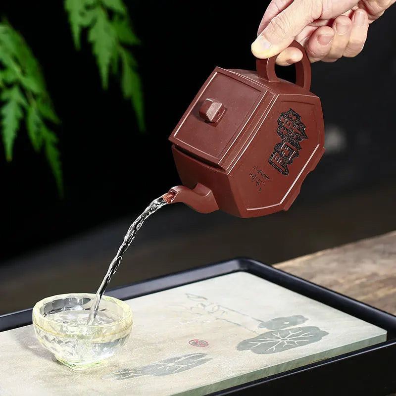 High-End Purple Clay Pot Red Pure Handmade Raw Ore Purple Clay Kung Fu Tea Set Letao Carved Landscape Square Pot
