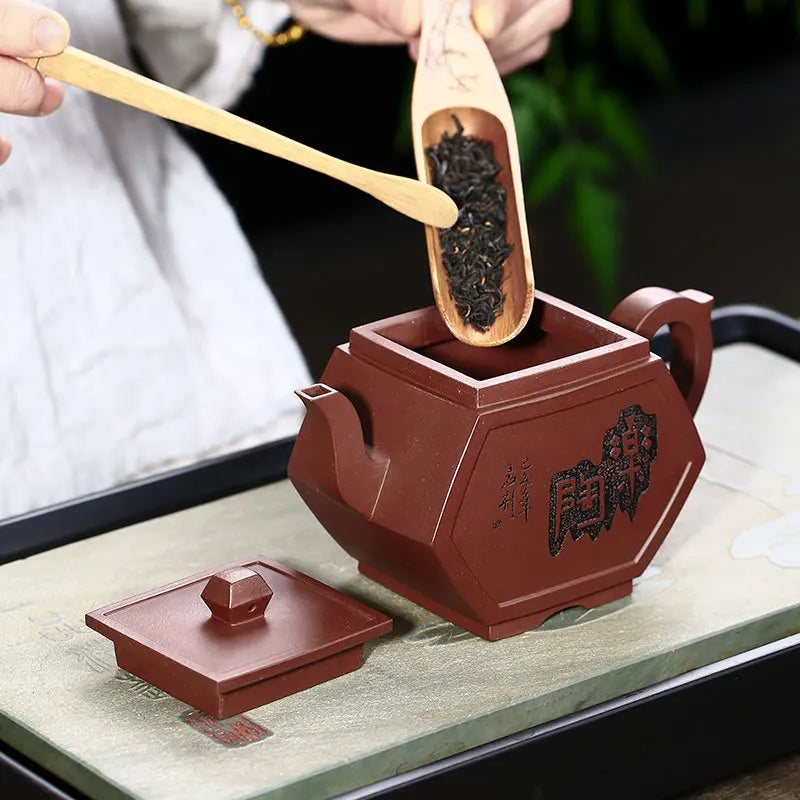 High-End Purple Clay Pot Red Pure Handmade Raw Ore Purple Clay Kung Fu Tea Set Letao Carved Landscape Square Pot
