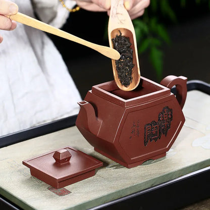 High-End Purple Clay Pot Red Pure Handmade Raw Ore Purple Clay Kung Fu Tea Set Letao Carved Landscape Square Pot