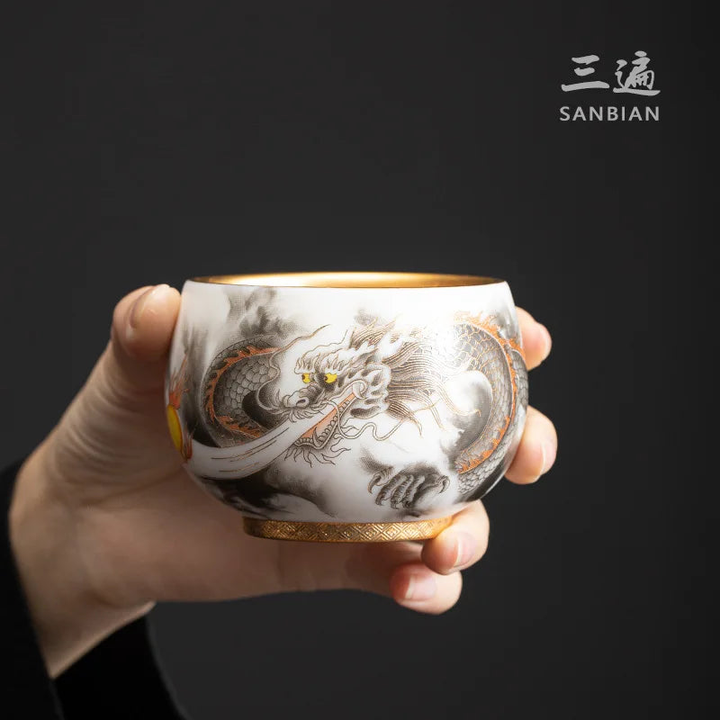 High-End White Jade Kung Fu Tea Cup Dedicated Personal Porcelain Master Cup Single Cup Xianglong Cup Men Gilding Tea Cup
