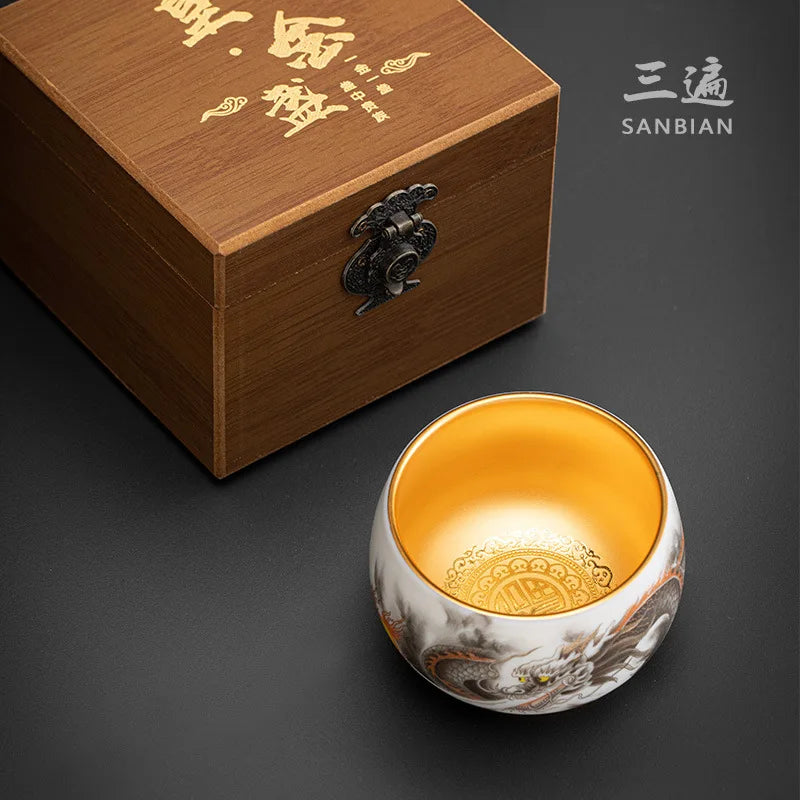 High-End White Jade Kung Fu Tea Cup Dedicated Personal Porcelain Master Cup Single Cup Xianglong Cup Men Gilding Tea Cup