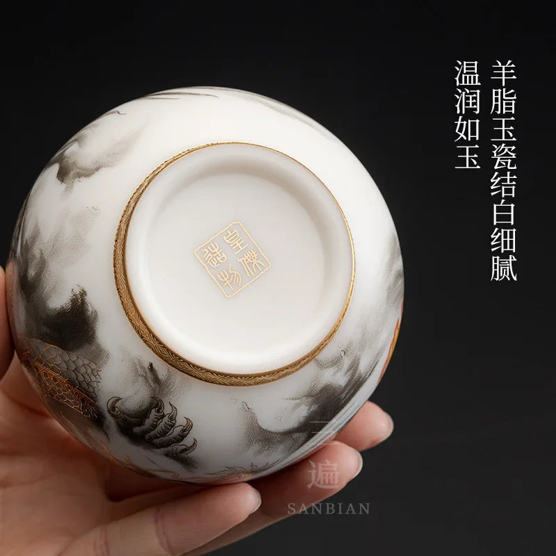 High-End White Jade Kung Fu Tea Cup Dedicated Personal Porcelain Master Cup Single Cup Xianglong Cup Men Gilding Tea Cup