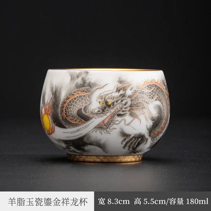 High-End White Jade Kung Fu Tea Cup Dedicated Personal Porcelain Master Cup Single Cup Xianglong Cup Men Gilding Tea Cup