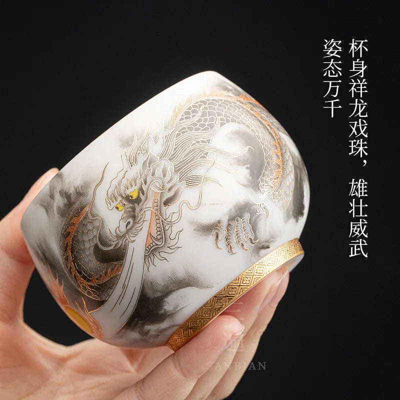 High-End White Jade Kung Fu Tea Cup Dedicated Personal Porcelain Master Cup Single Cup Xianglong Cup Men Gilding Tea Cup