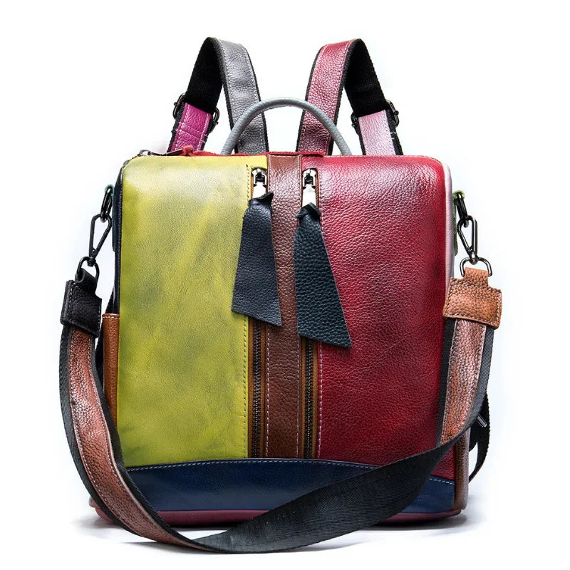 High Fashion Woman Genuine Patchwork Travelling Bagpack Cow Leather Girls School Backpack Female Daypack