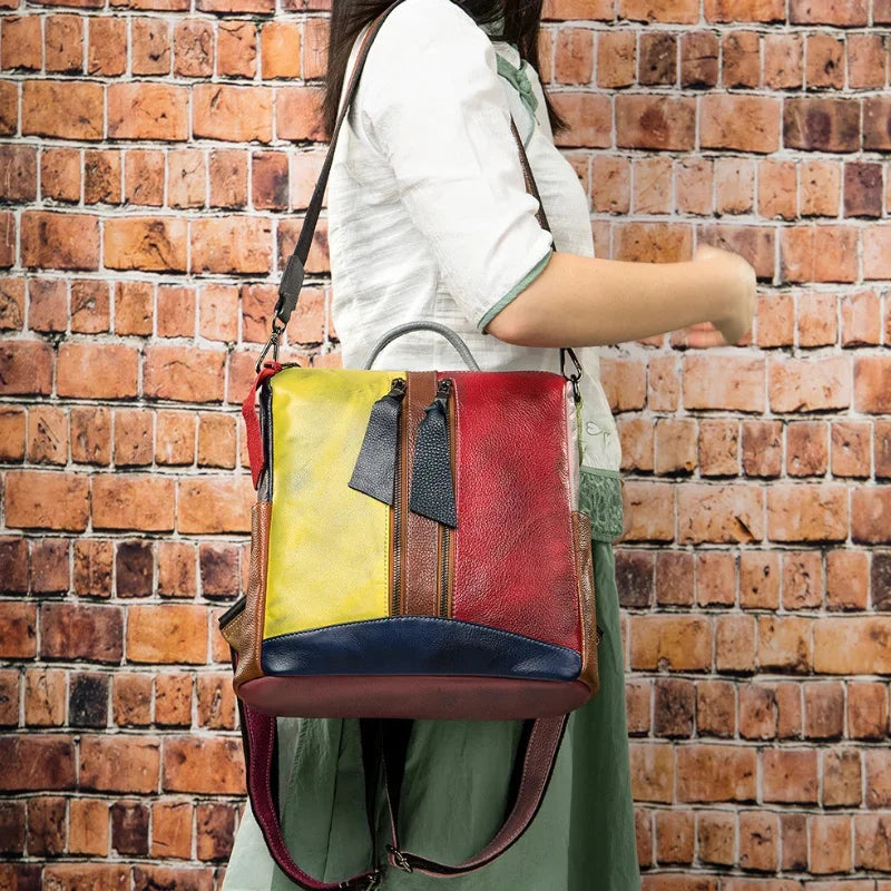 High Fashion Woman Genuine Patchwork Travelling Bagpack Cow Leather Girls School Backpack Female Daypack