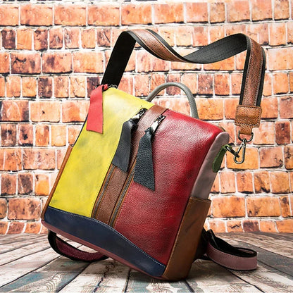 High Fashion Woman Genuine Patchwork Travelling Bagpack Cow Leather Girls School Backpack Female Daypack