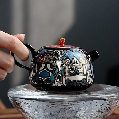 High Grade Chinese Ceramic Enamel Teapot with Gold Trim Kung Fu Tea Set A Mythical Animal Pattern Teaware Set with Gift Packing