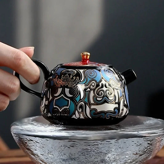 High Grade Chinese Ceramic Enamel Teapot with Gold Trim Kung Fu Tea Set A Mythical Animal Pattern Teaware Set with Gift Packing