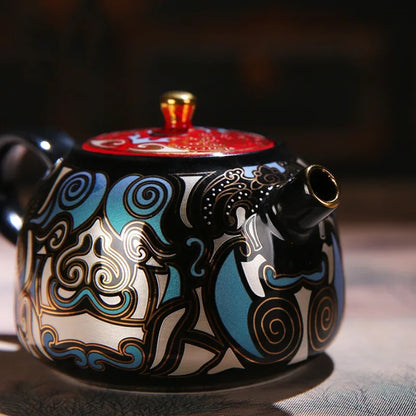 High Grade Chinese Ceramic Enamel Teapot with Gold Trim Kung Fu Tea Set A Mythical Animal Pattern Teaware Set with Gift Packing
