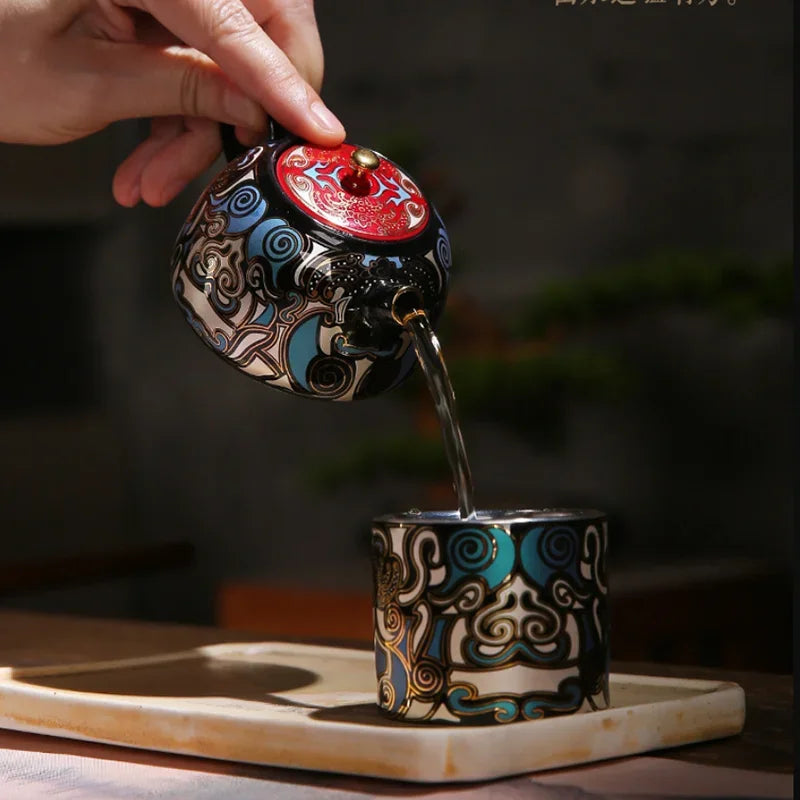 High Grade Chinese Ceramic Enamel Teapot with Gold Trim Kung Fu Tea Set A Mythical Animal Pattern Teaware Set with Gift Packing