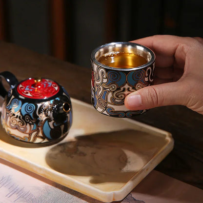 High Grade Chinese Ceramic Enamel Teapot with Gold Trim Kung Fu Tea Set A Mythical Animal Pattern Teaware Set with Gift Packing