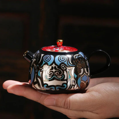 High Grade Chinese Ceramic Enamel Teapot with Gold Trim Kung Fu Tea Set A Mythical Animal Pattern Teaware Set with Gift Packing