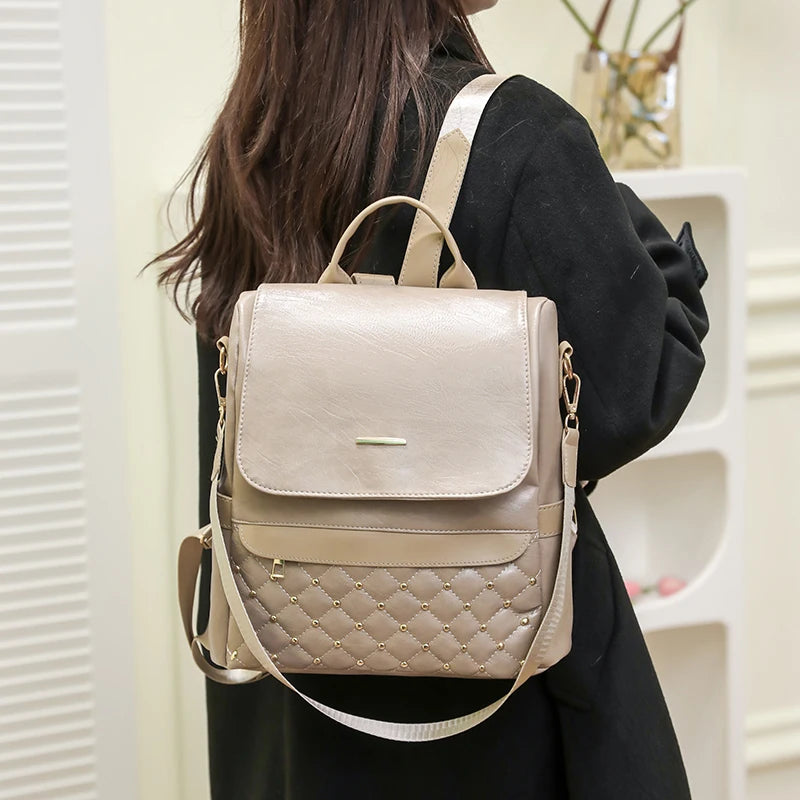 High Quality Anti-theft Backpack Leather Fabric Solid Color Design Lady's Bookpacks Commuting Travel Women's Bag 2023 Sac A Main