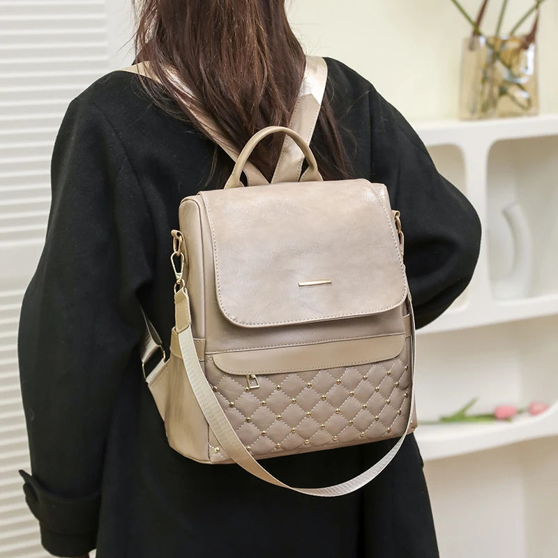 High Quality Anti-theft Backpack Leather Fabric Solid Color Design Lady's Bookpacks Commuting Travel Women's Bag 2023 Sac A Main