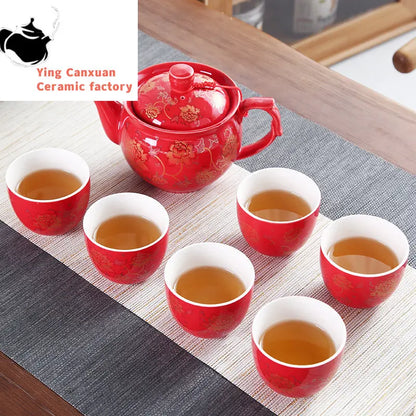 High Quality Ceramics Tea Set Chinese Wedding Tea Pot Set Teacup Tradition Red Porcelain Teapot Boutique Teaware Accessories