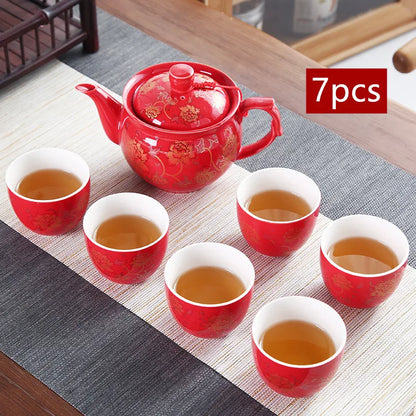 High Quality Ceramics Tea Set Chinese Wedding Tea Pot Set Teacup Tradition Red Porcelain Teapot Boutique Teaware Accessories