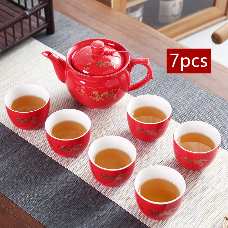 High Quality Ceramics Tea Set Chinese Wedding Tea Pot Set Teacup Tradition Red Porcelain Teapot Boutique Teaware Accessories